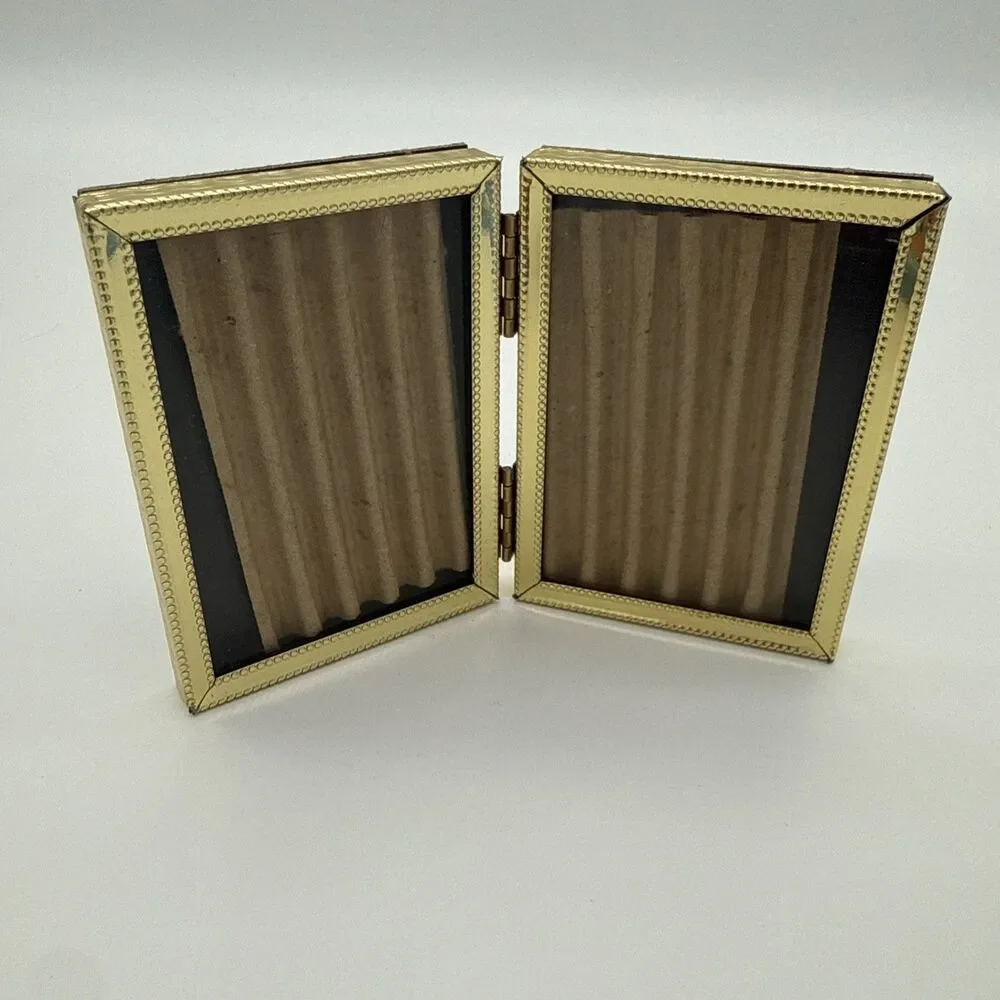Vintage Gold Tone Folding Double Picture Frame Miniature 3x2 MCM